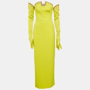Safiyaa Lime Green Rhinestone Crepe Strapless Gown With Gloves S